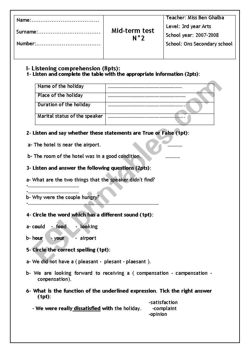 mid term test NÂ°2 Tunisian 3rd year Arts