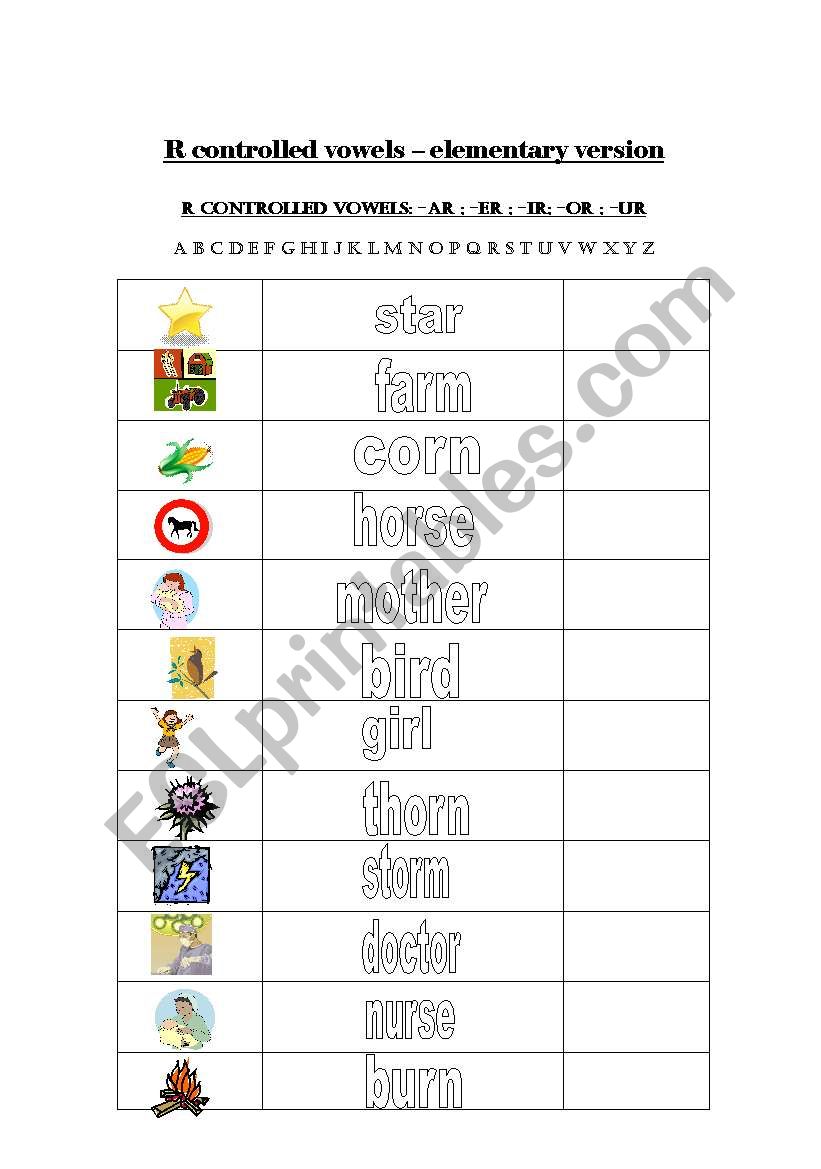 r controlled vowels word list worksheet