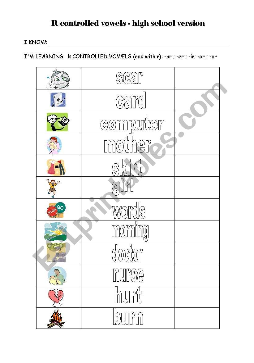 r controlled vowels word list worksheet