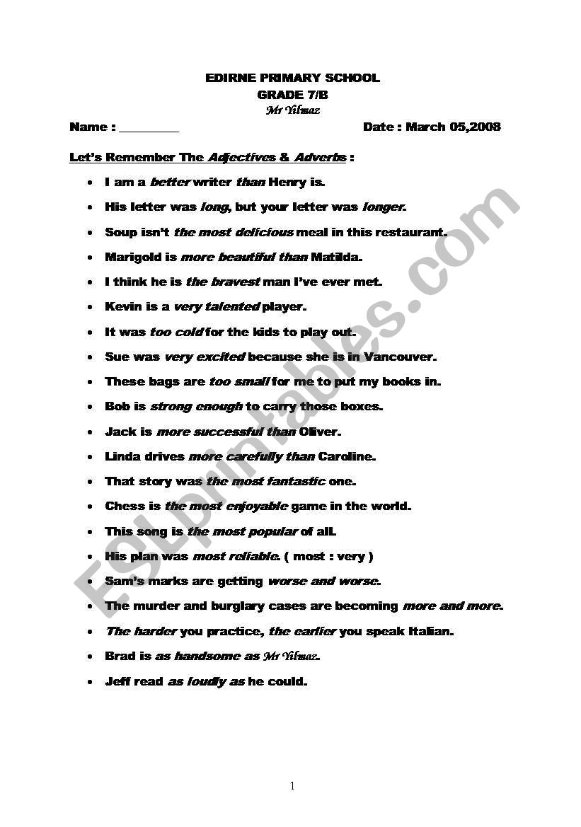 adjective adverbs worksheet