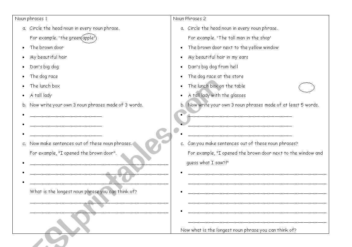 noun phrases worksheet