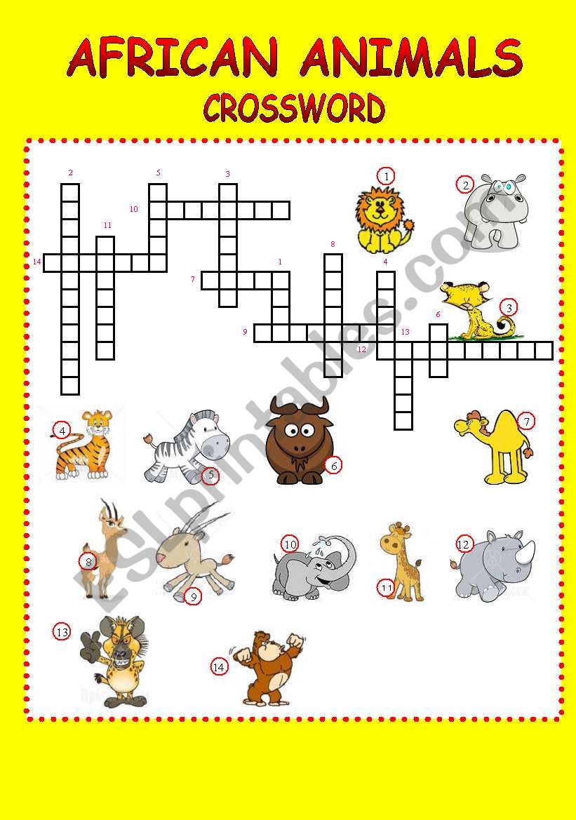crossword-african animals worksheet