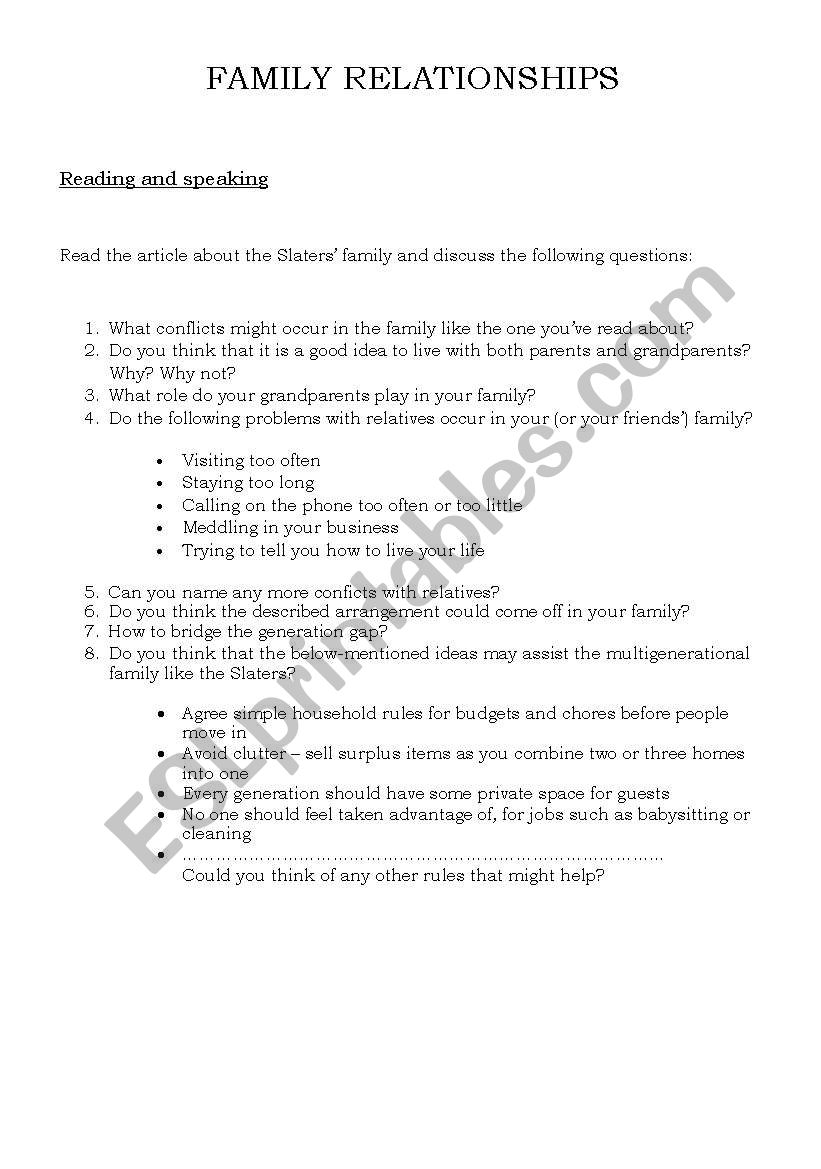 Family relationships worksheet