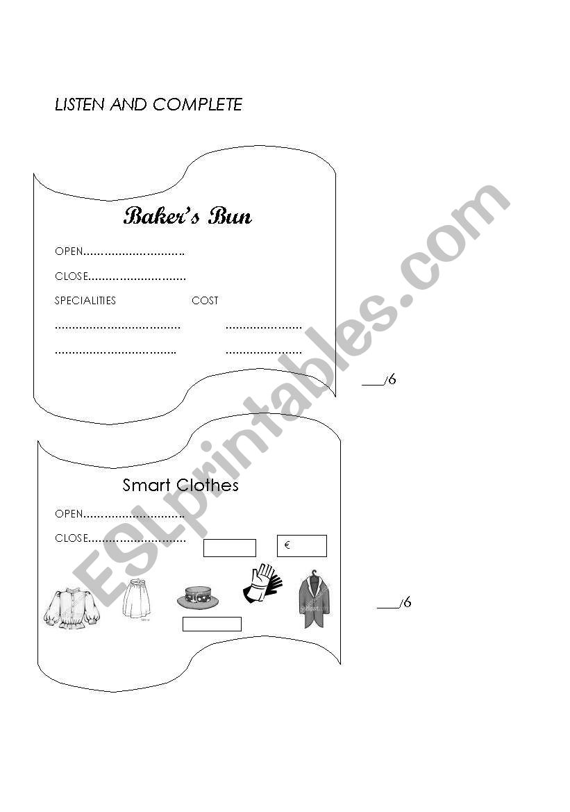 shopping worksheet
