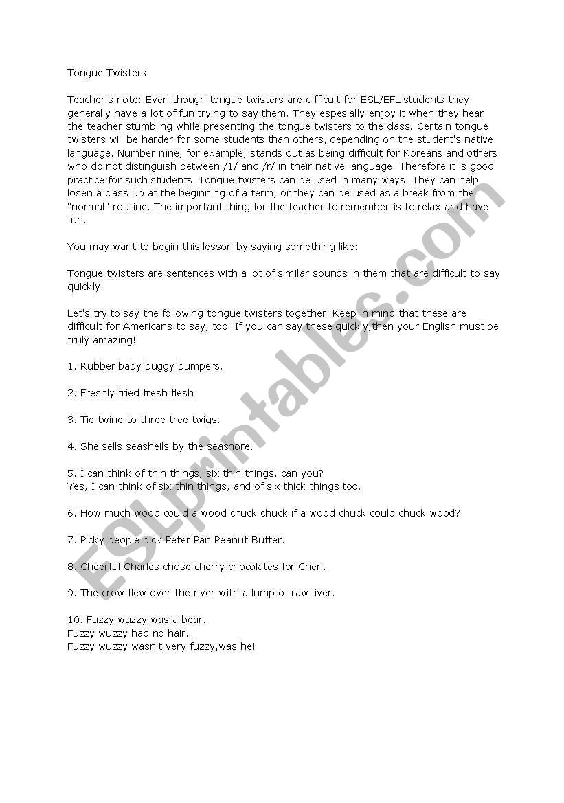 tongue twister worksheet