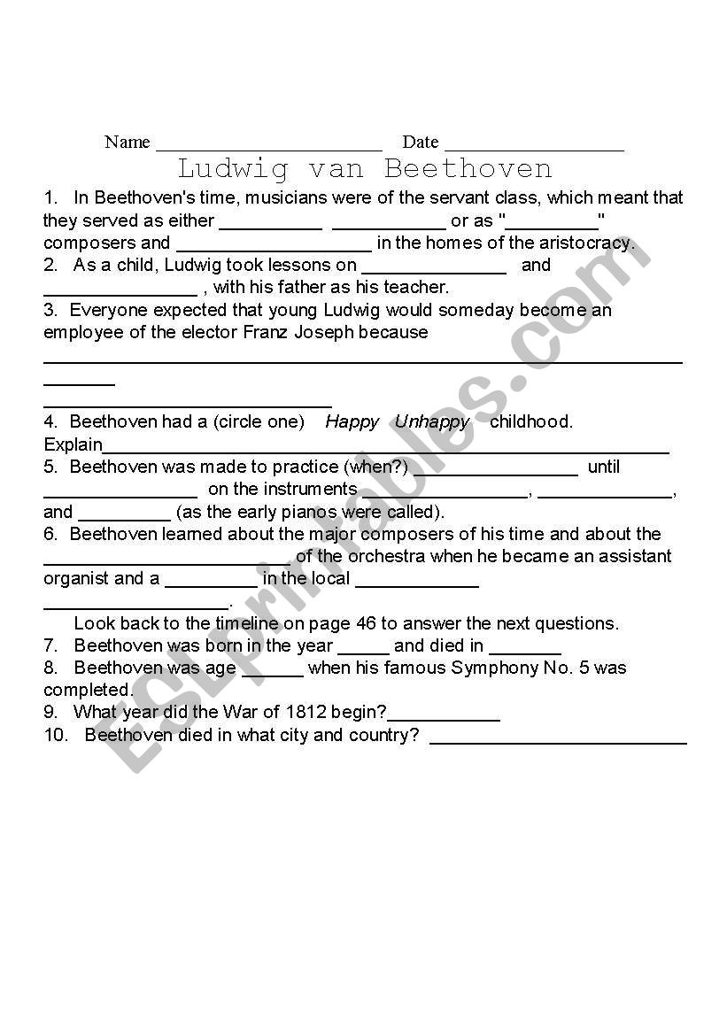 Beethoven Biography Question Sheet