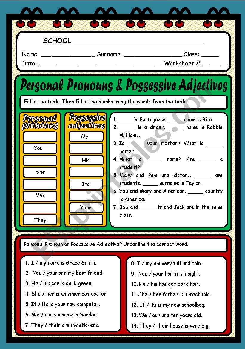 Possessive Adjectives And Pronouns Worksheet