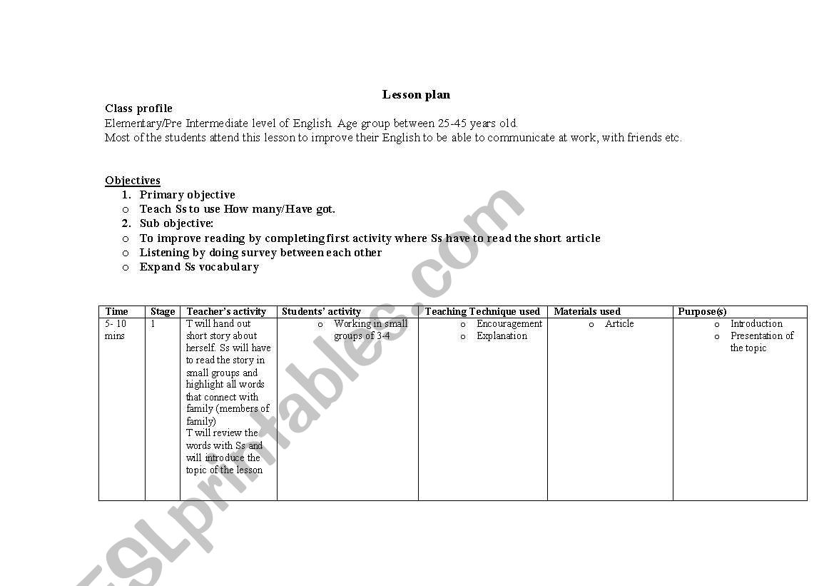 Family lesson plan  worksheet