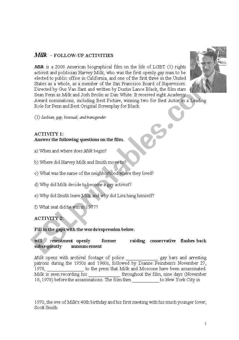 Harvey Milk (Worksheet) worksheet
