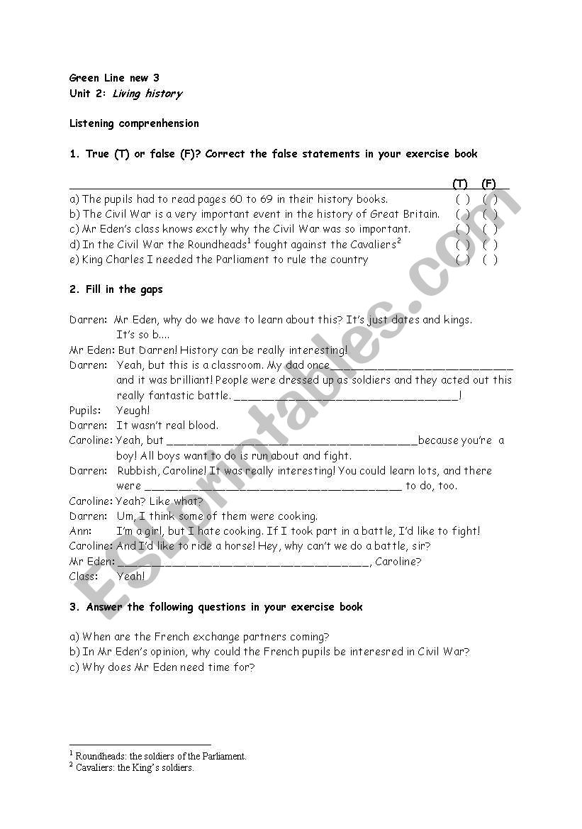 Worksheet: Green Line 3, unit 2 Intro