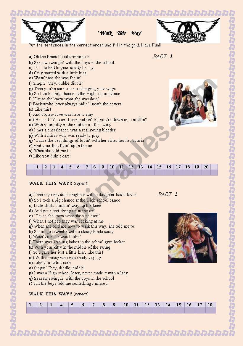 Walk this way, by Aerosmith worksheet