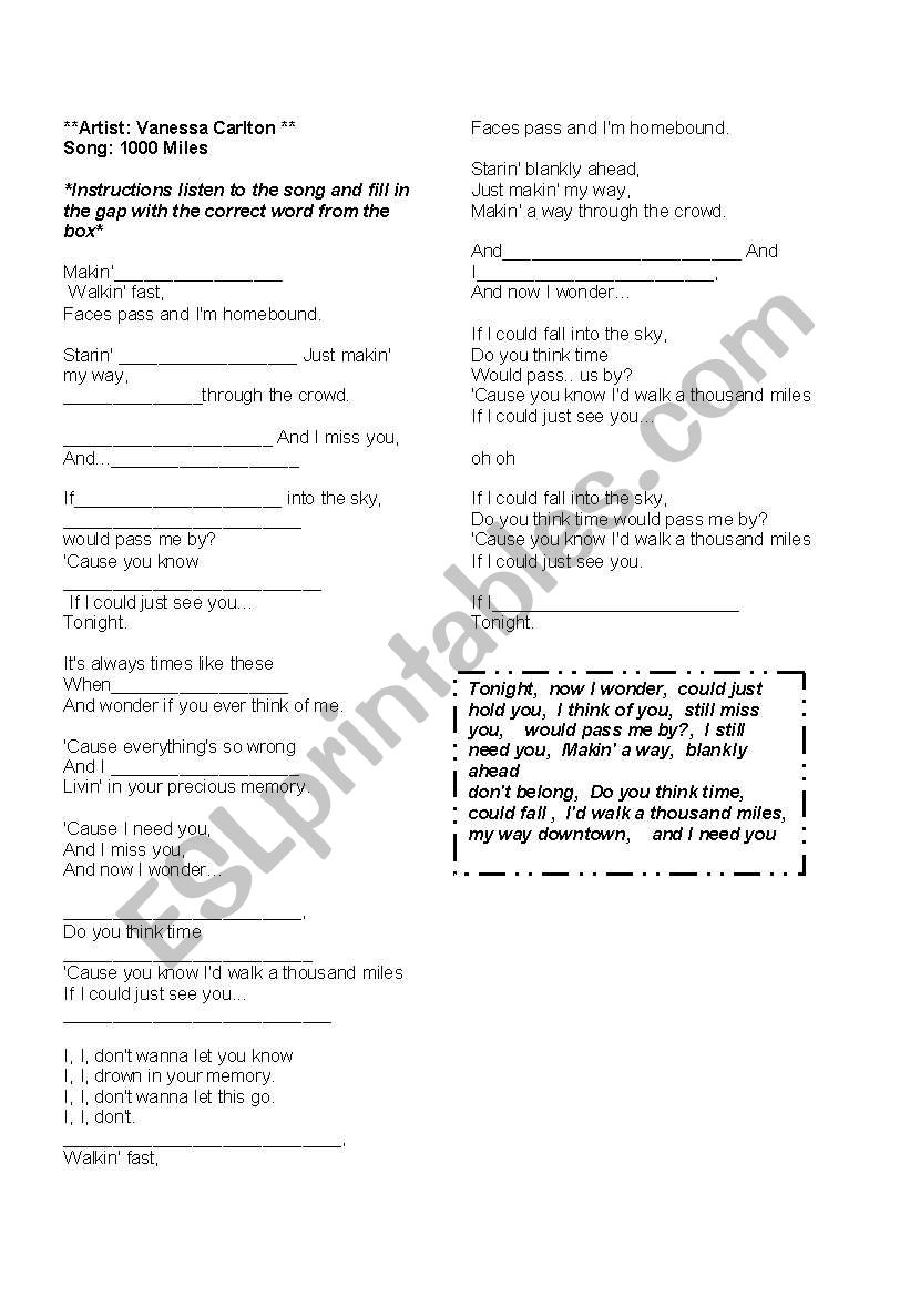 A THOUSAND MILES- SONGSHEET ACTIVITY