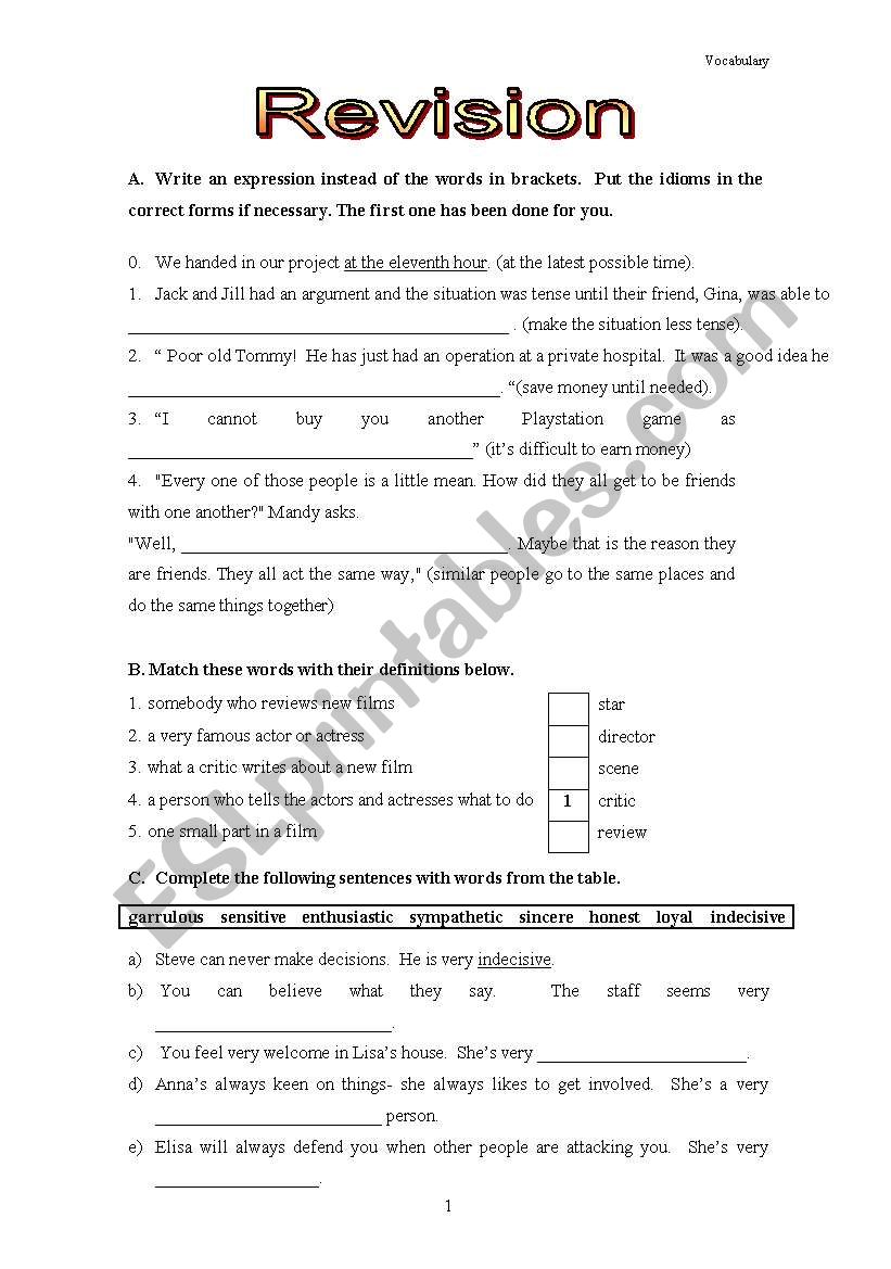 Revision Sheet  worksheet