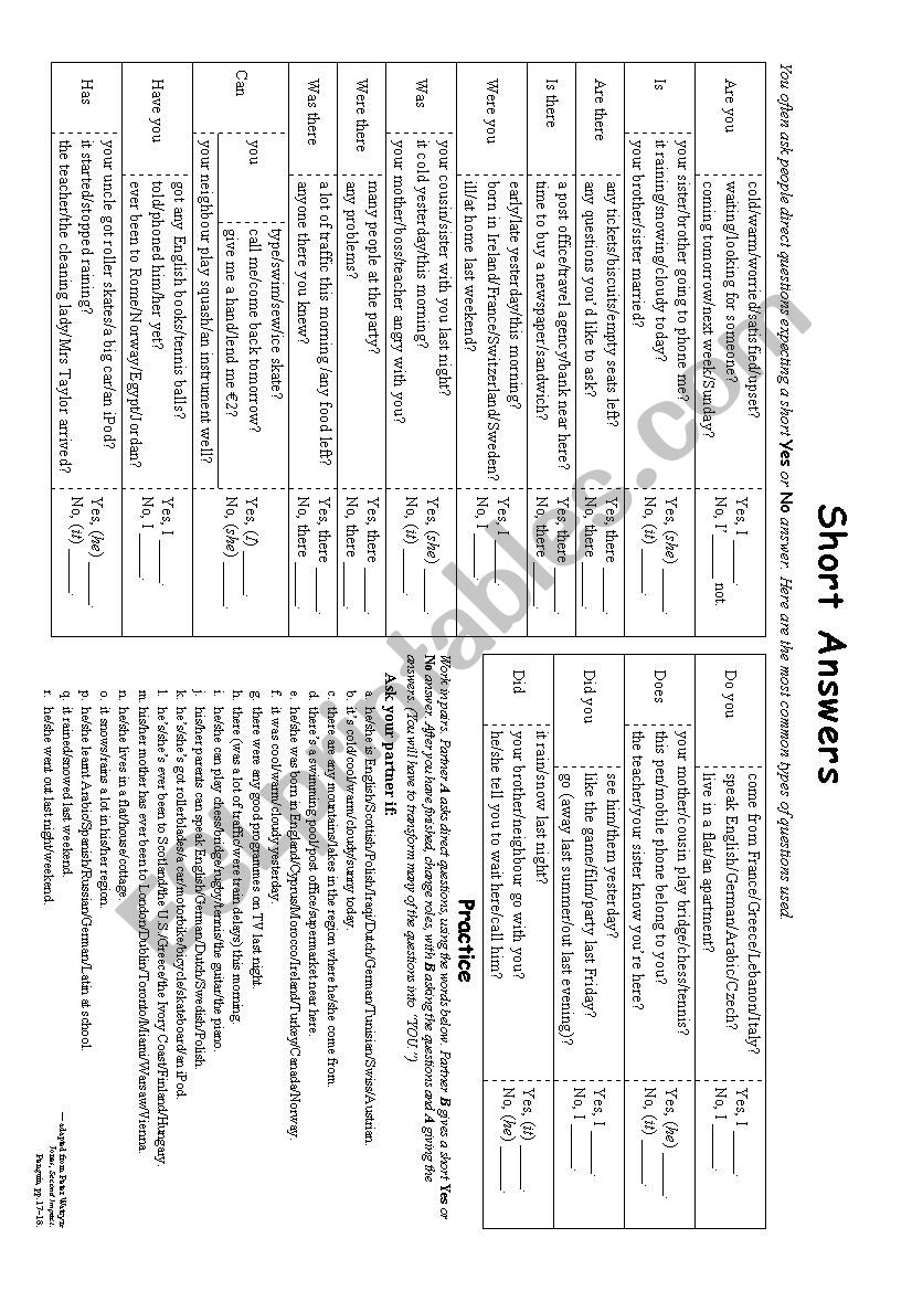 Short Answers worksheet