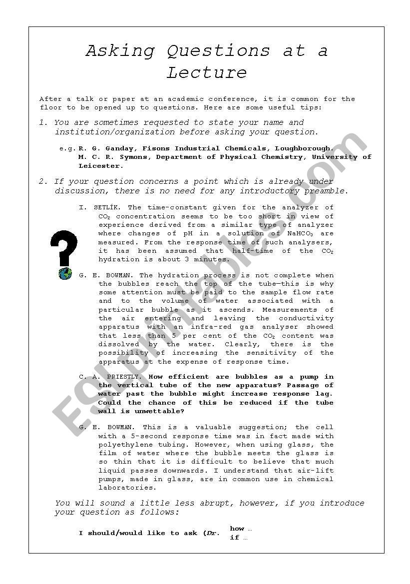 Asking Questions at a Lecture worksheet