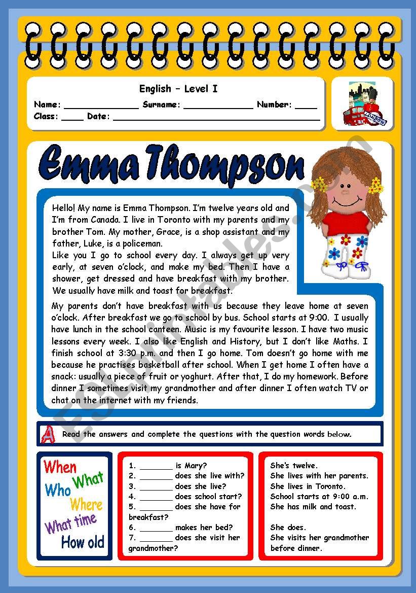 EMMA THOMPSON (3 PAGES) worksheet