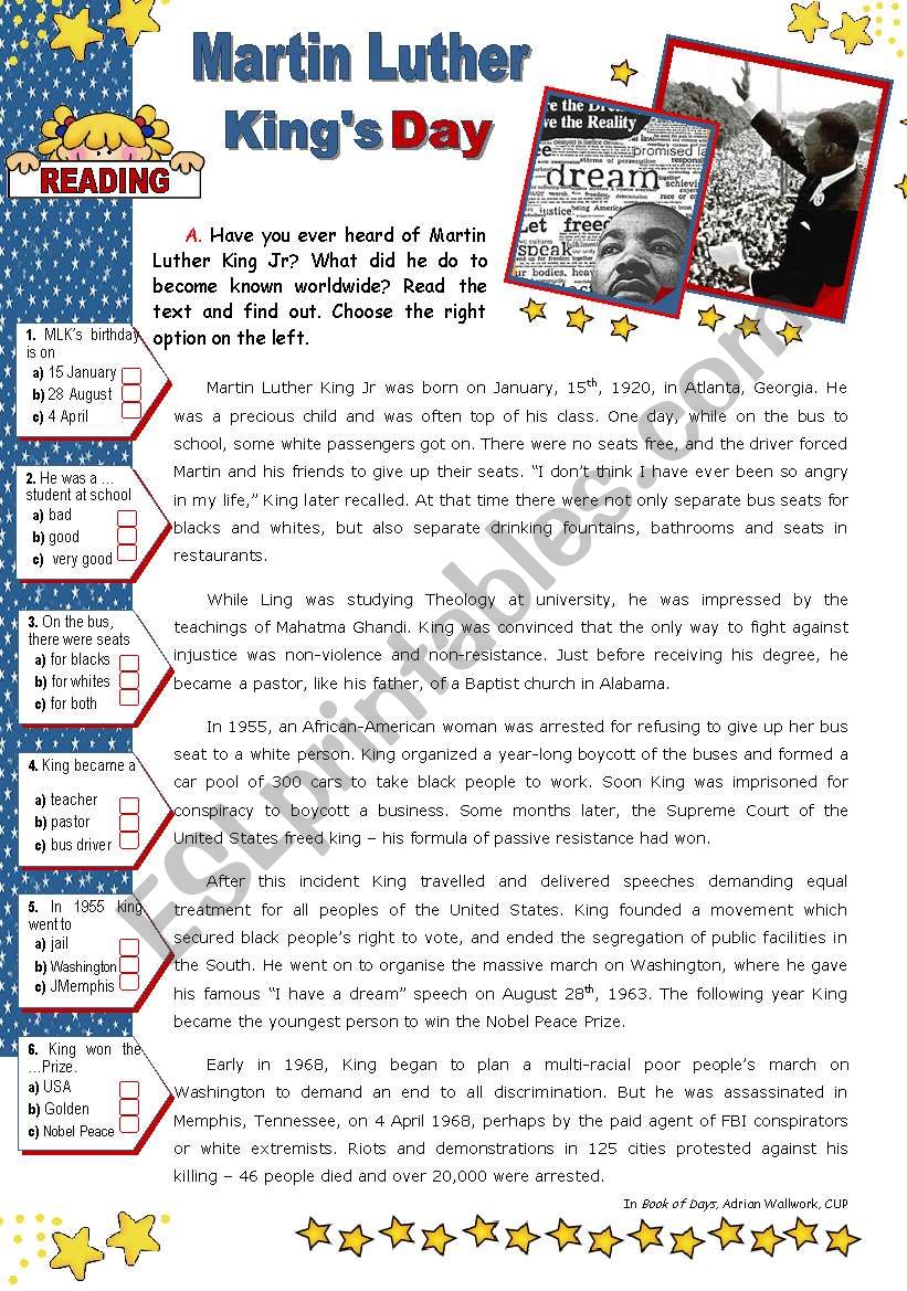 Martin Luther KingÂ´s Day - January 18  - Reading comprehension for Upper Elementary and Intermediate students