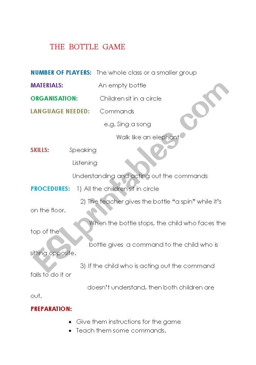 the bottle game worksheet