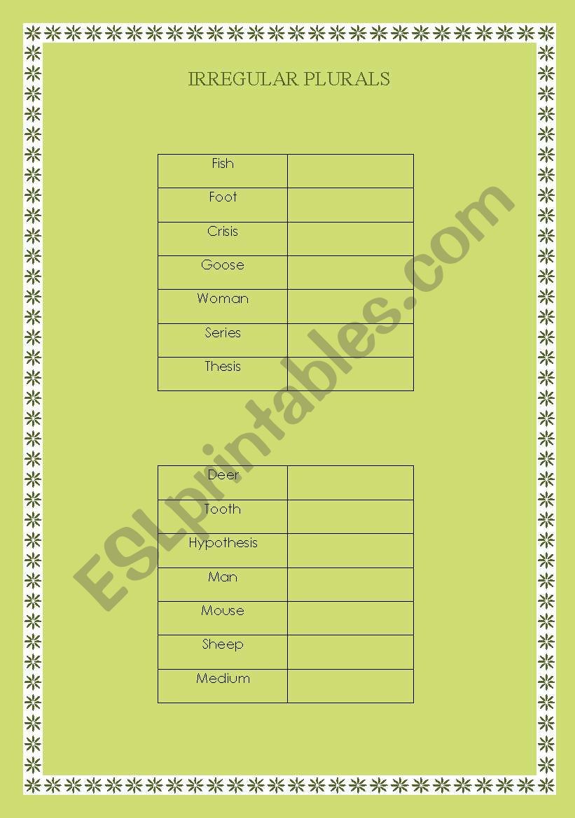 Irregular plurals worksheet