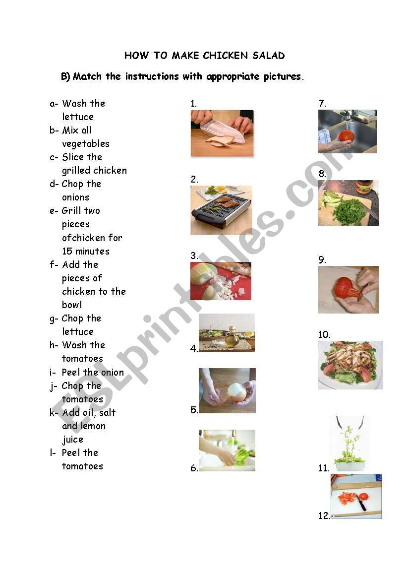 how to make a chicken salad,  vocabulary worksheet