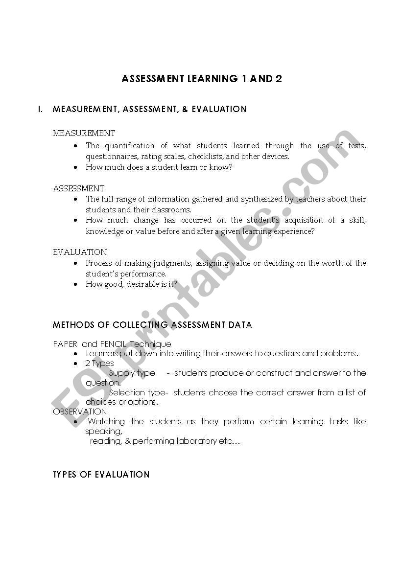 Assessment Learning 1 AND 2 worksheet