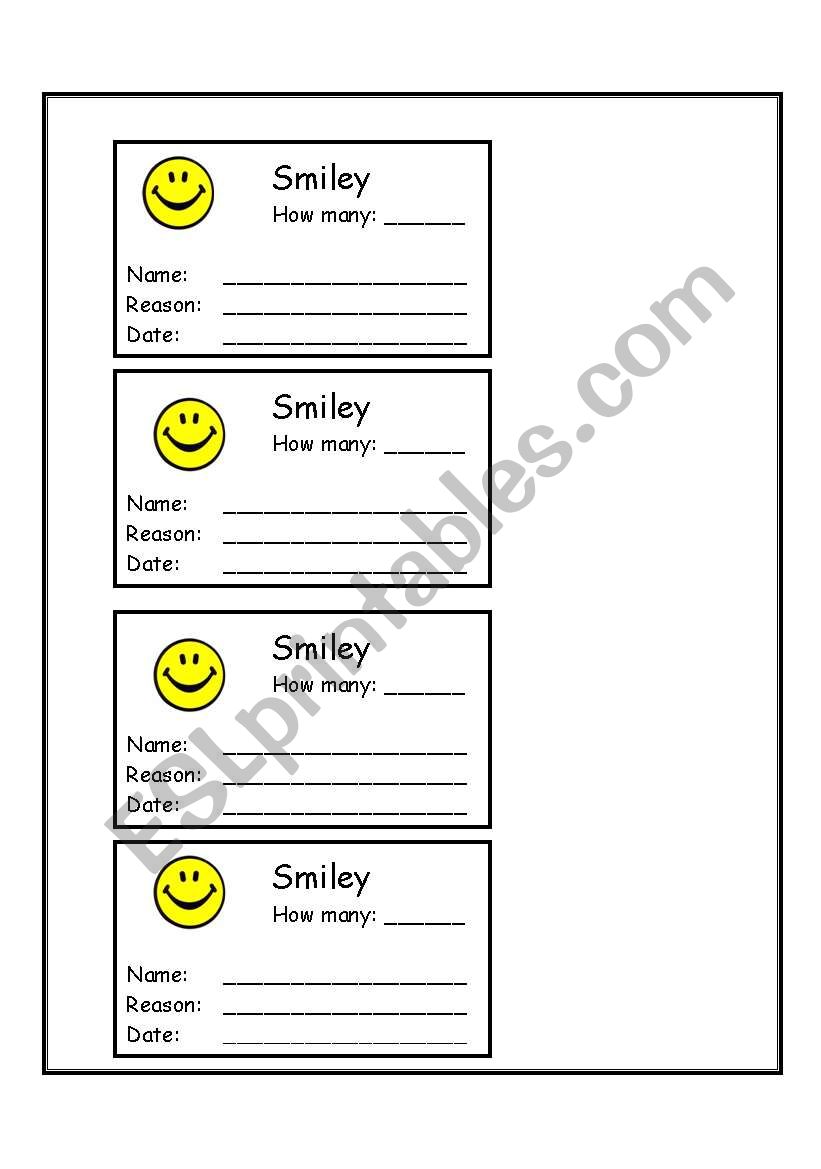 Smily Reward tokens worksheet