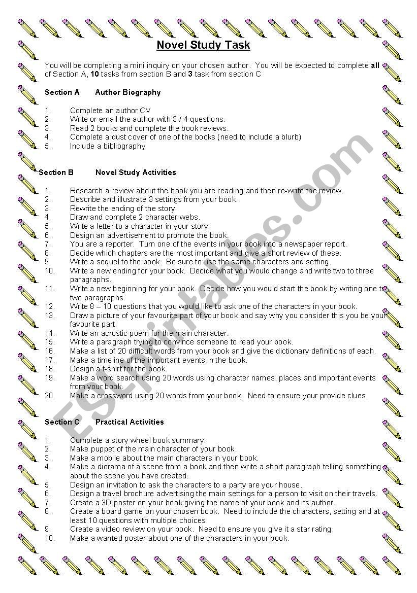 Novel Study Assignment worksheet