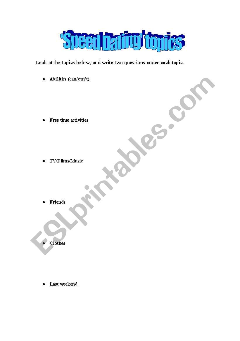 speed dating worksheet