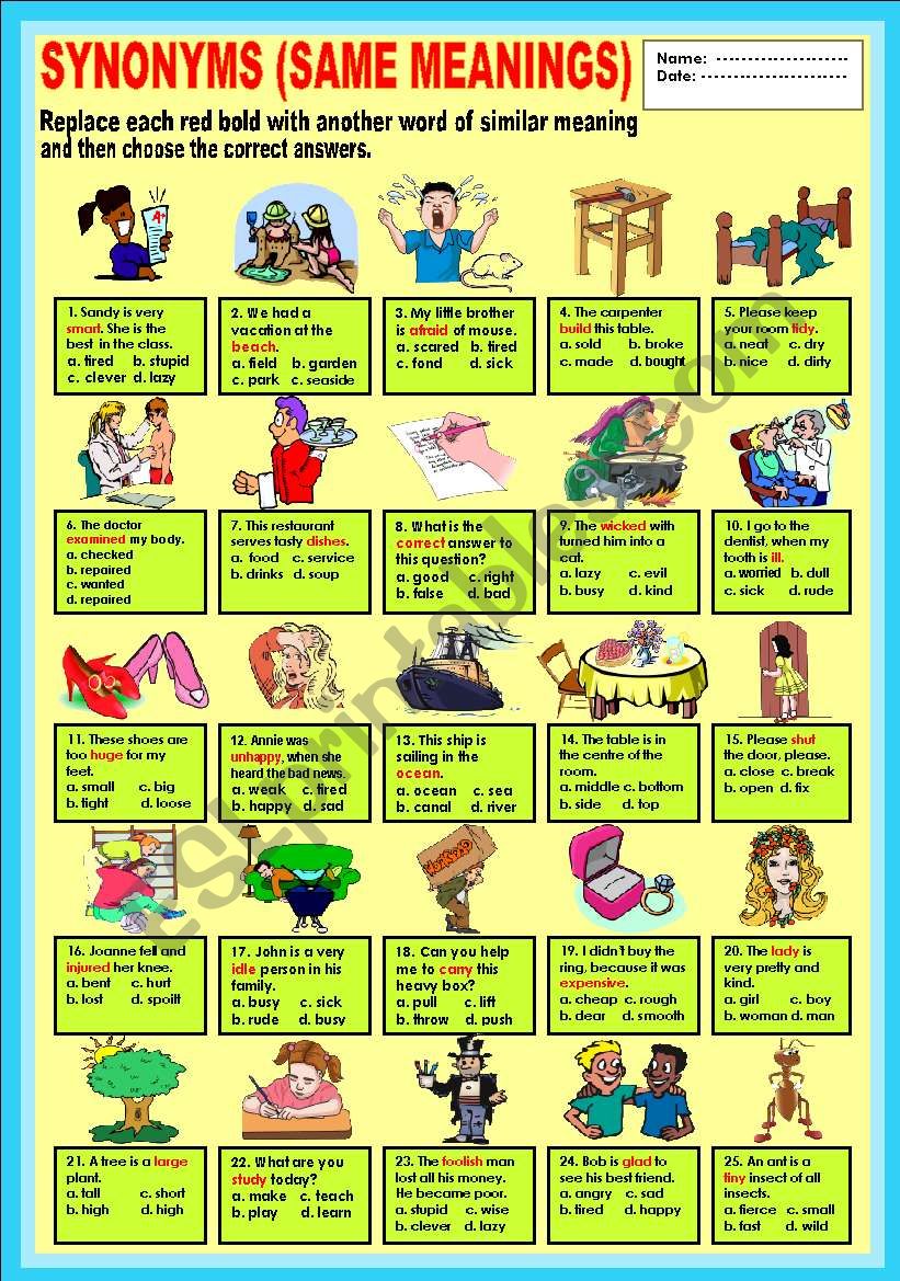 SYNONYMS (same meanings) worksheet