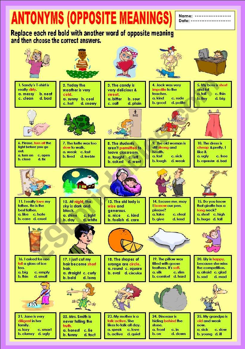 ANTONYMS (opposite meanings) worksheet