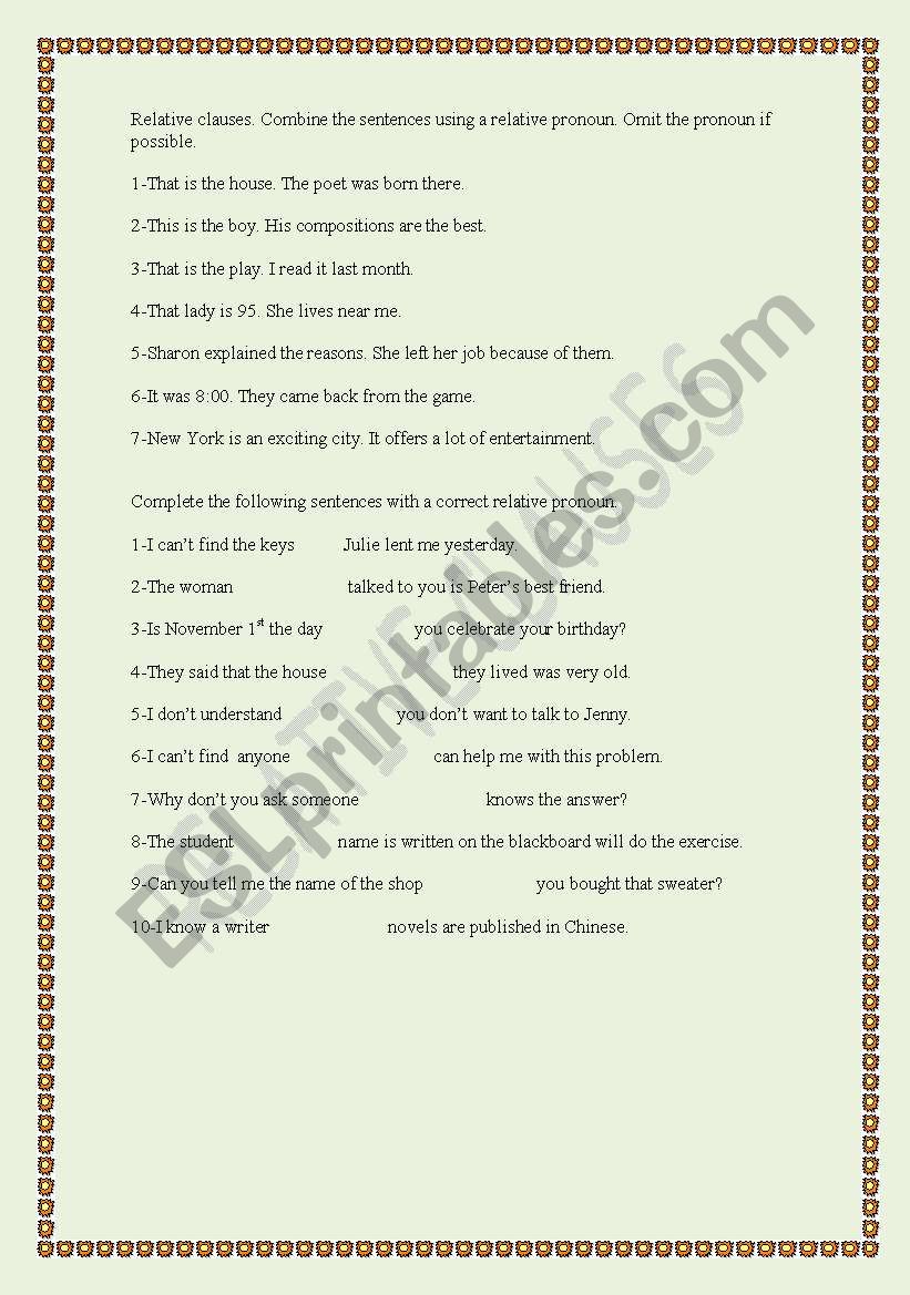 RELATIVE CLAUSES worksheet