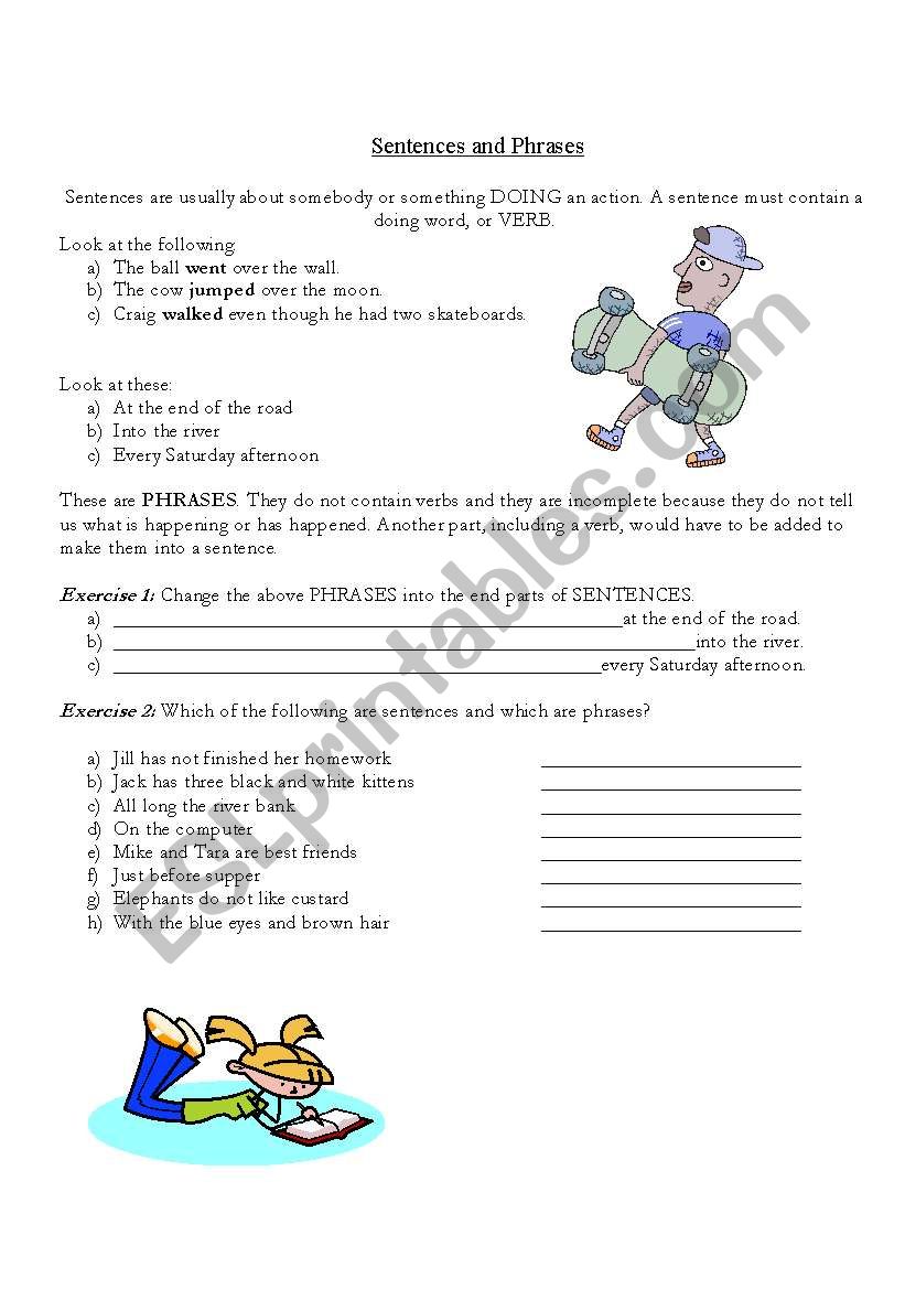 Sentences and phrases worksheet