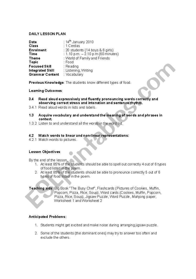 food worksheet
