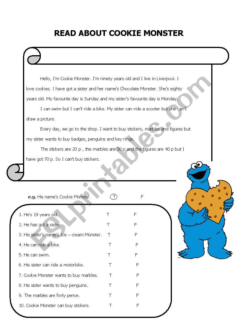 READ ABOUT COOKIE MONSTER worksheet