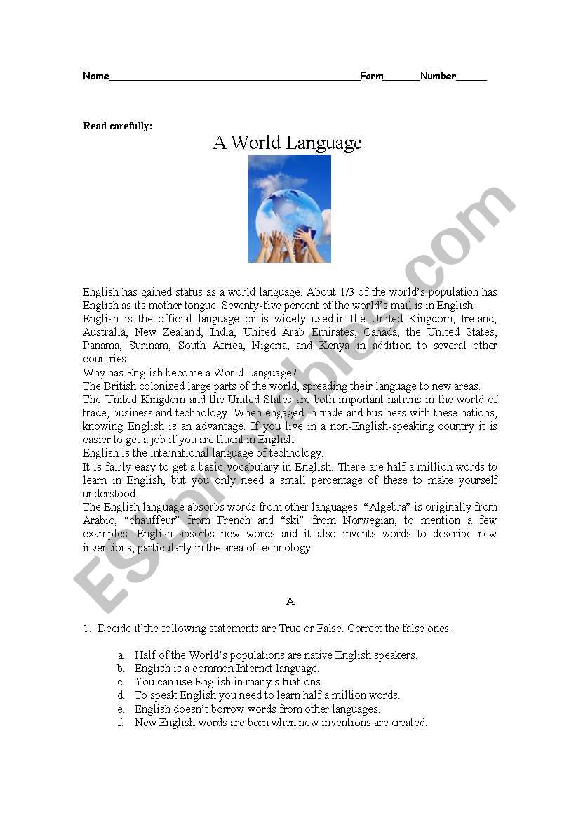 English - a world language worksheet