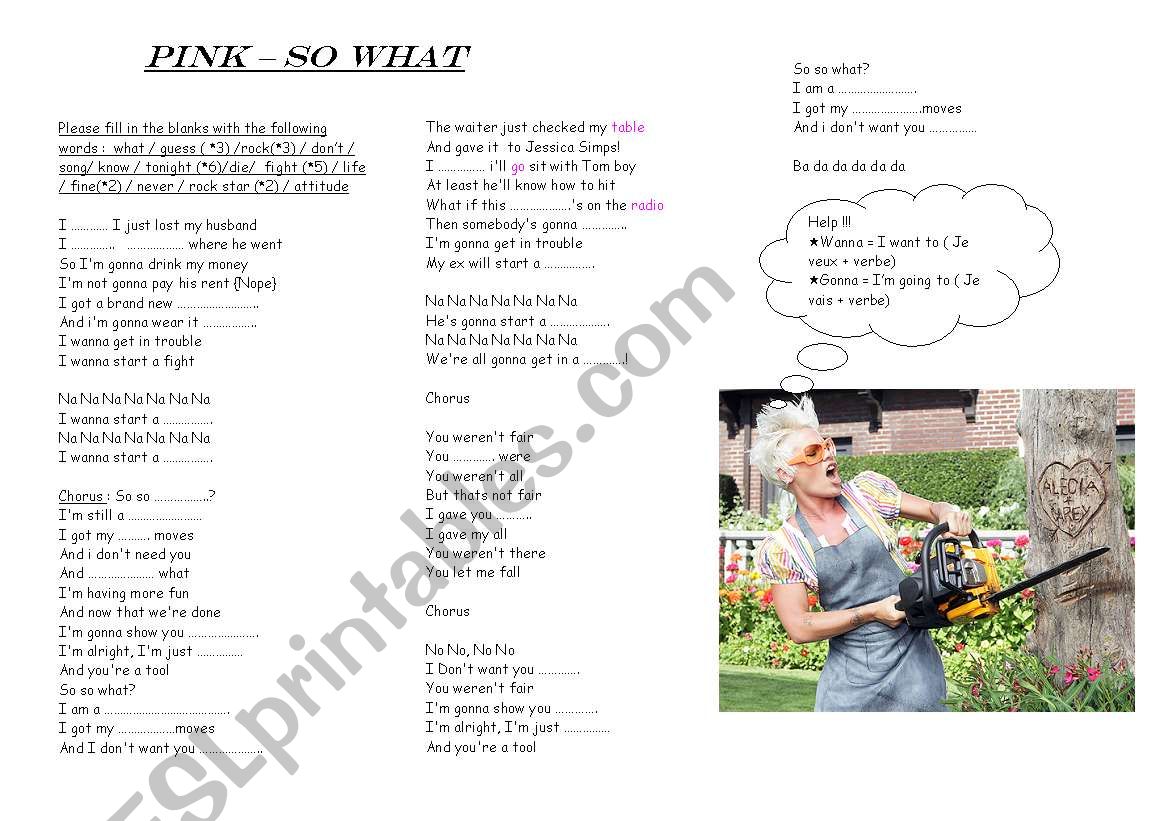 Pink - So what ! worksheet