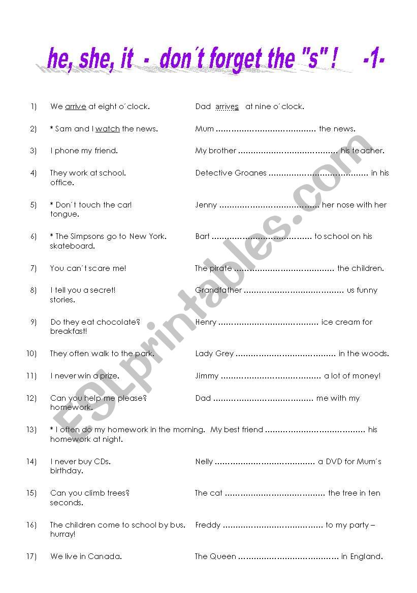 third person s - fill in the verb adding s or es