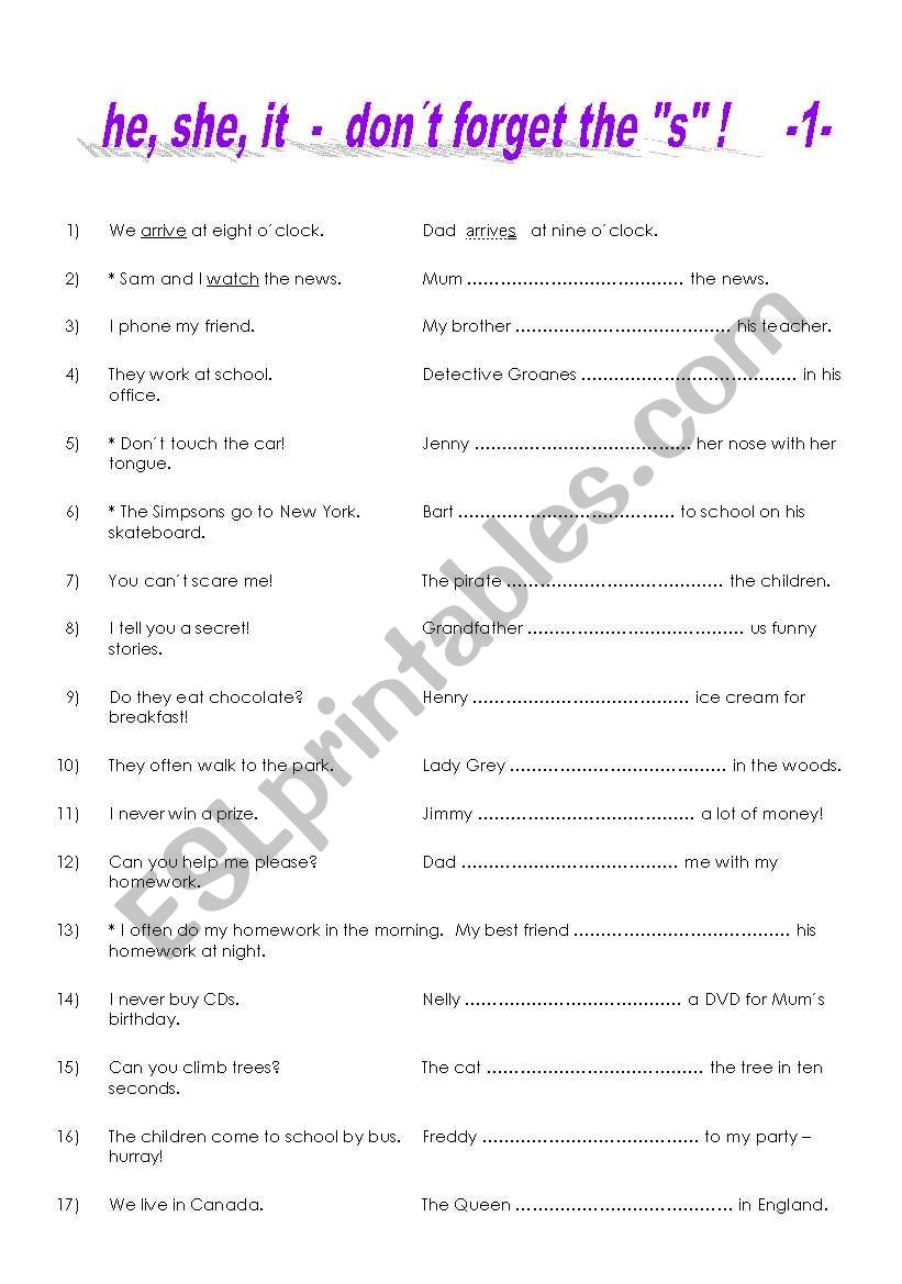 Third Person S Fill In The Verb Adding S Or Es ESL Worksheet By 