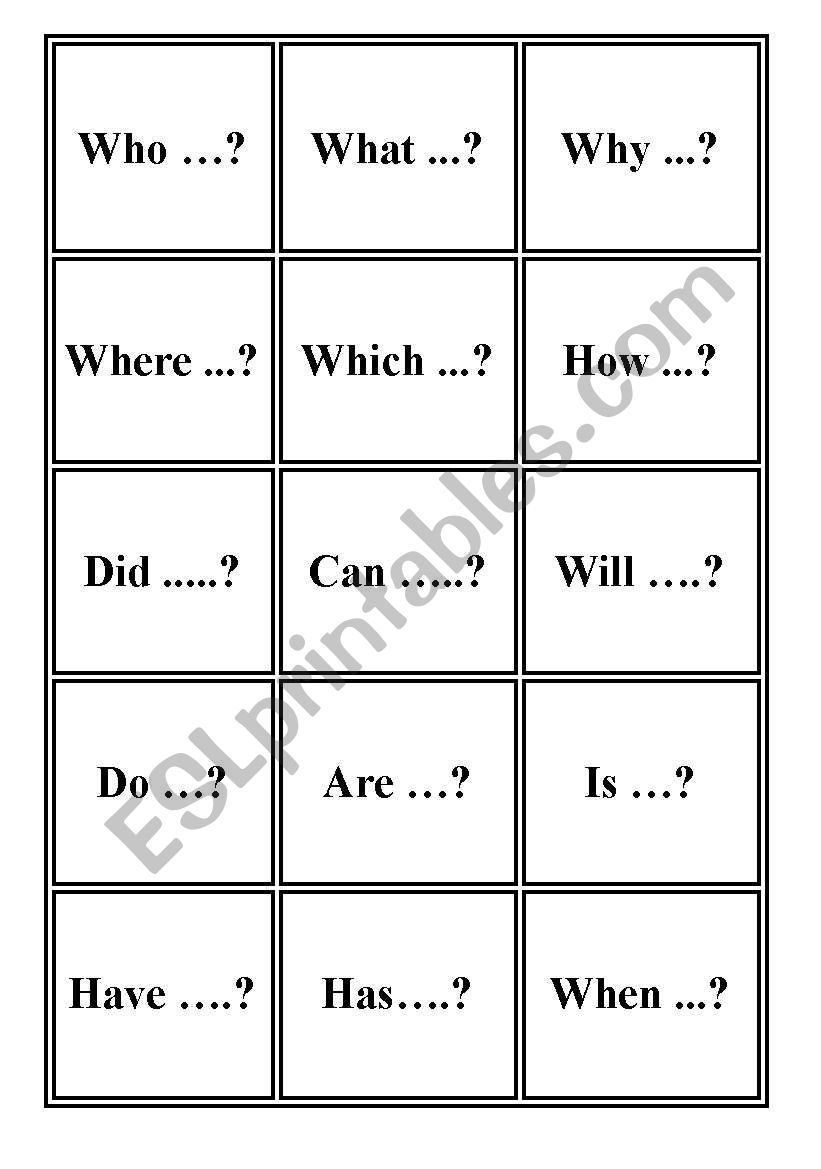 Question starter word cards worksheet