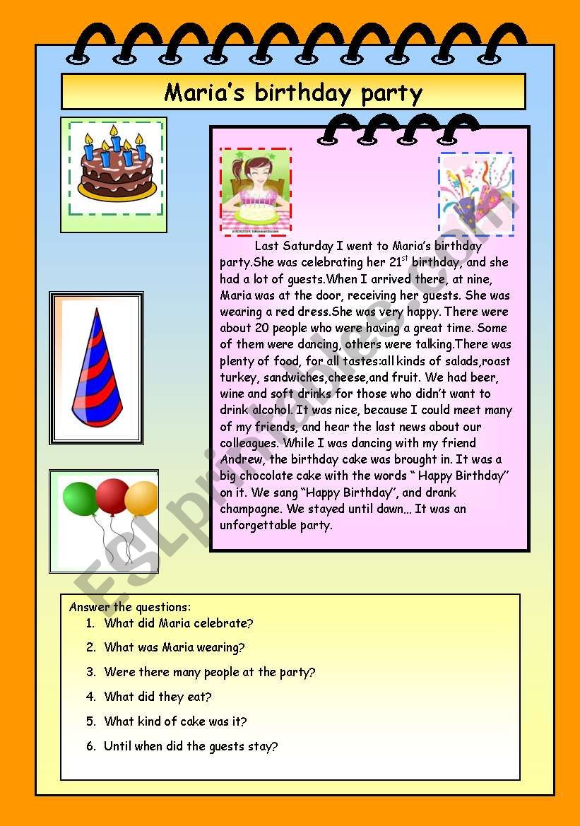 MariaÂ´s birthday party worksheet