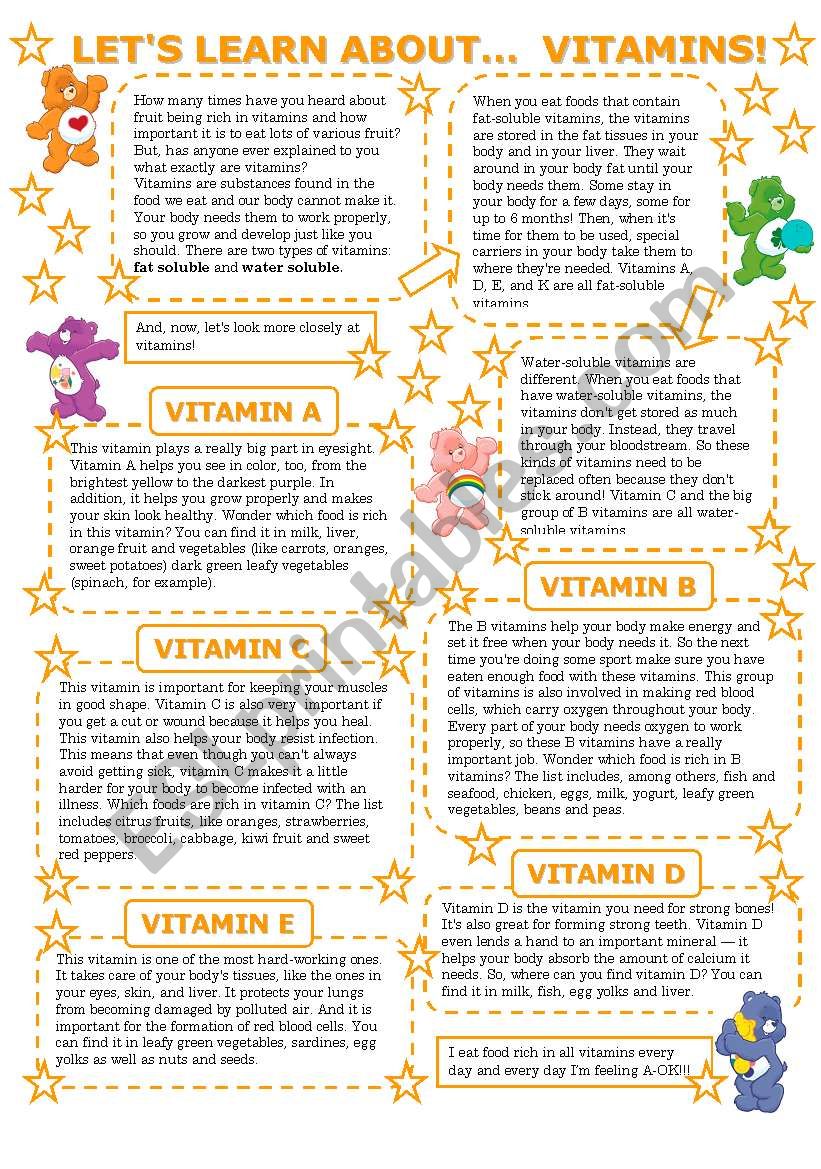 LETS LEARN ABOUT... VITAMINS! (2 pages with key)