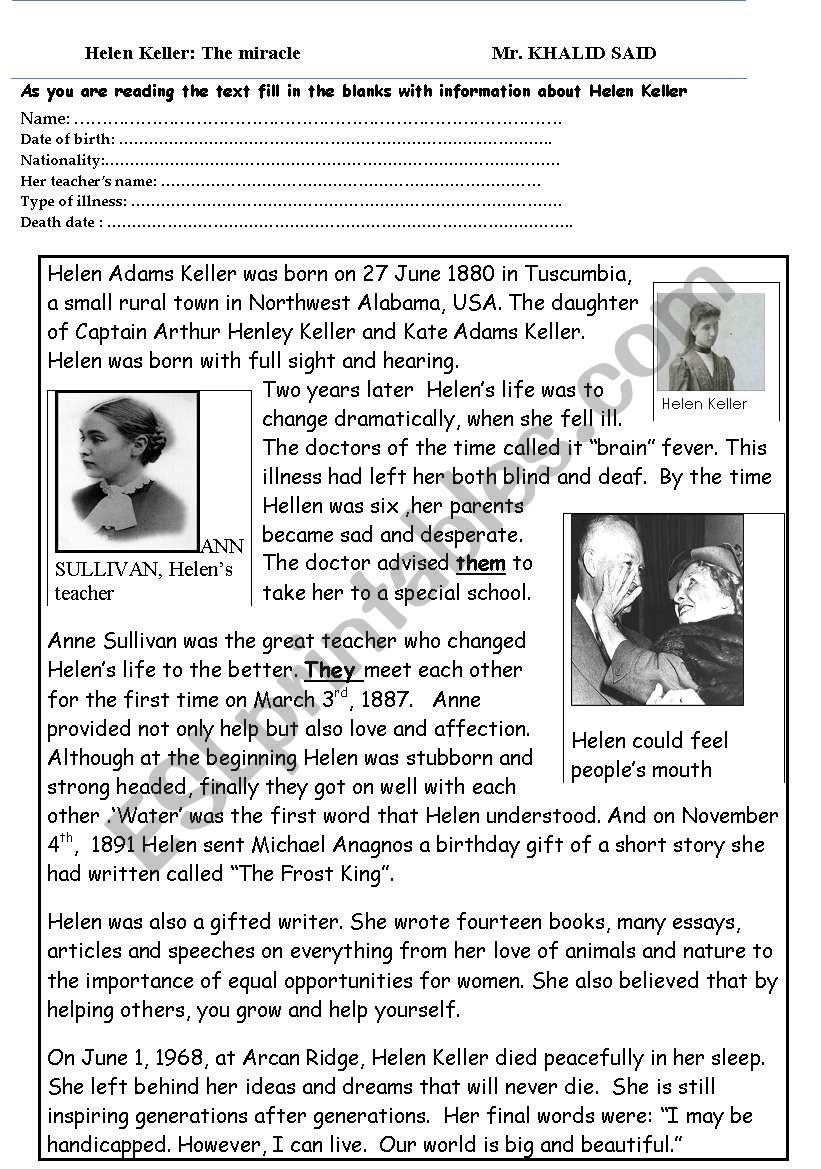 Helen Keller  worksheet