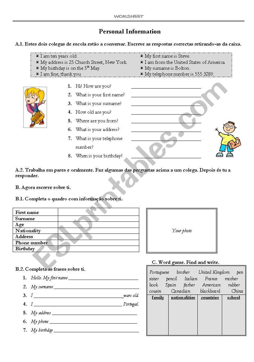 Personal Information worksheet
