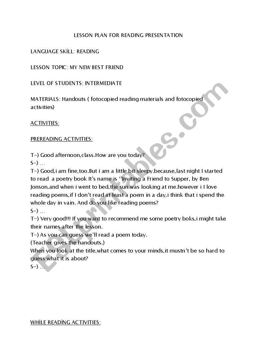 reading presentation worksheet