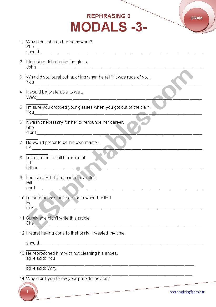 REPHRASING 6 = MODALS -3- worksheet