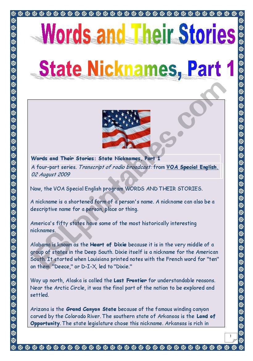 The USA- Words & their stories series - STATE NICKNAMES # 1 (Comprehensive PROJECT, 6 tasks, 8 pages, includes MP3 link & KEY)