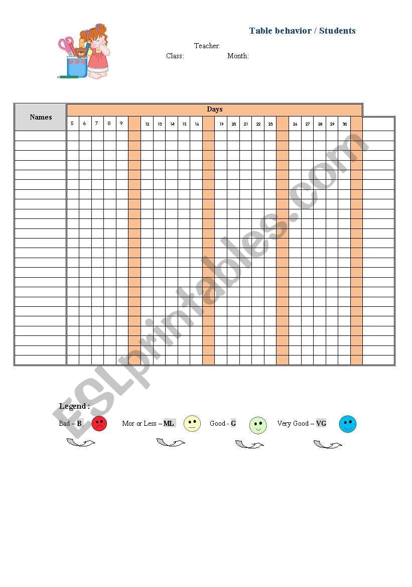 Table Behavior worksheet