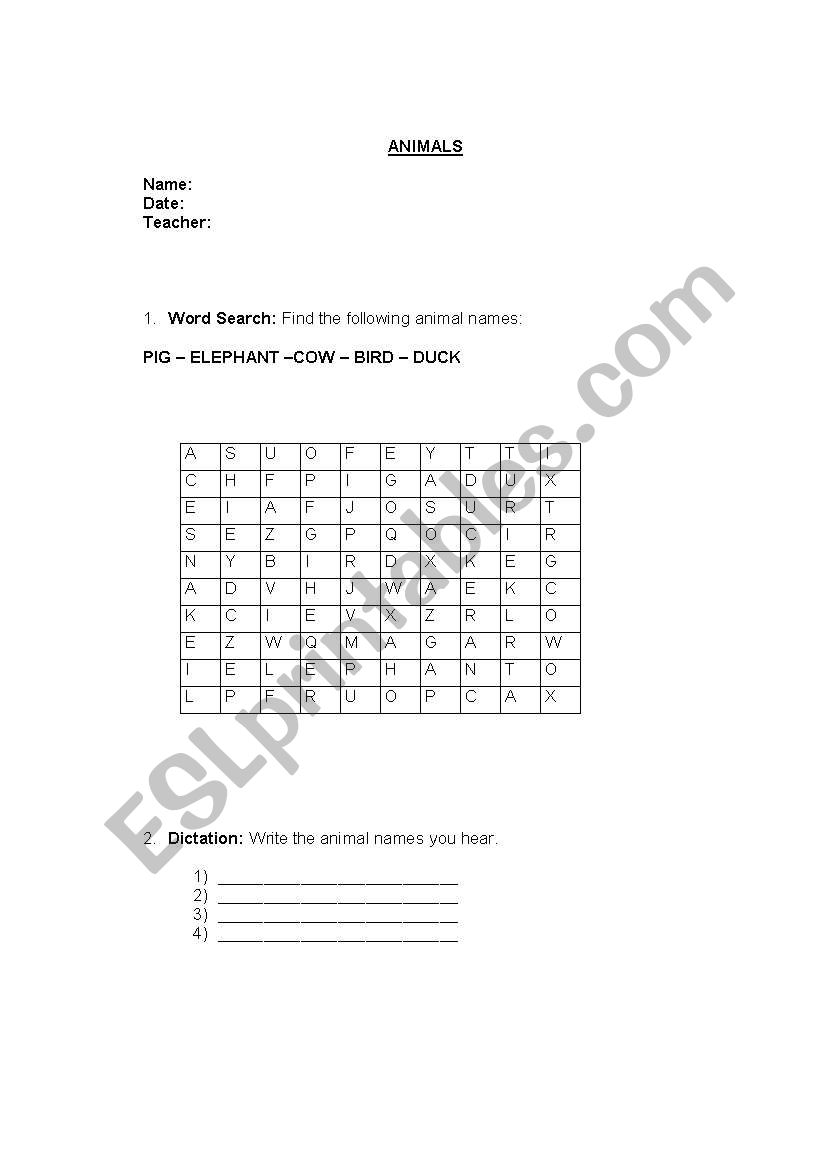 Animals and colors worksheet