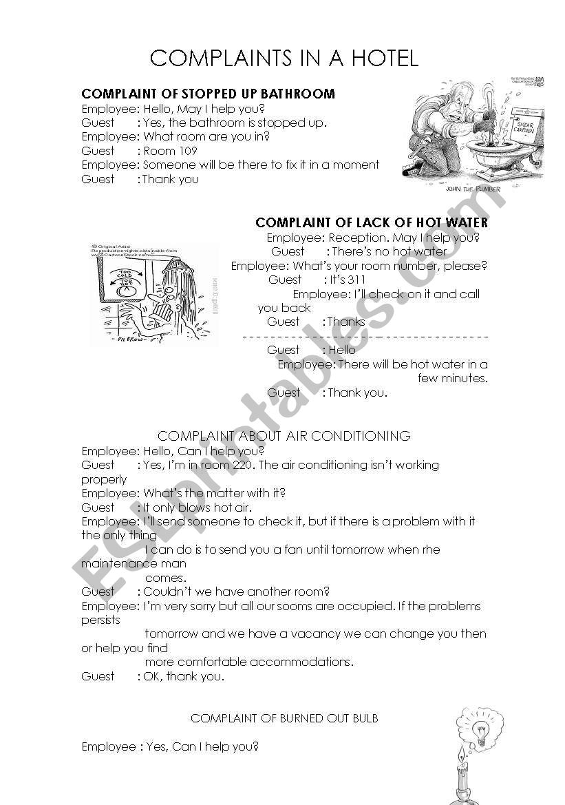 COMPLAINTS AND REQUEST IN A HOTEL