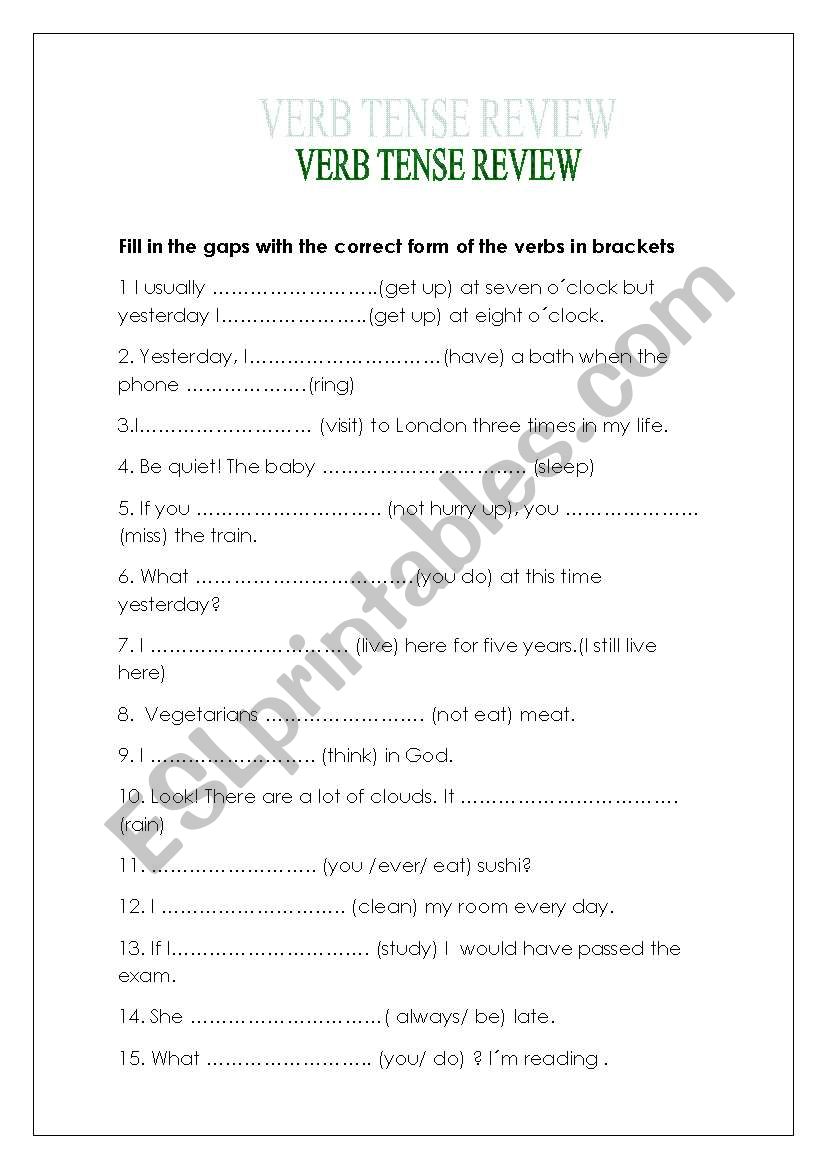 VERB TENSE REVIEW worksheet